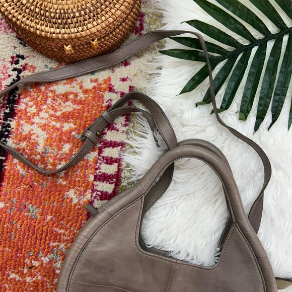 Anthropologie Neutral Brown Taupe Round Julien Leather Tote Bag Purse Minimalist - Picture 4 of 8